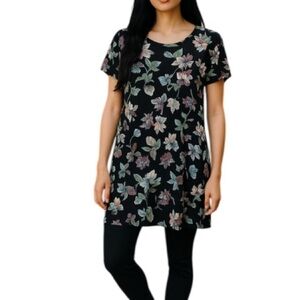 J.JILL Wearever Collection Brushed Floral Print Dress Navy Short Sleeve Size MP